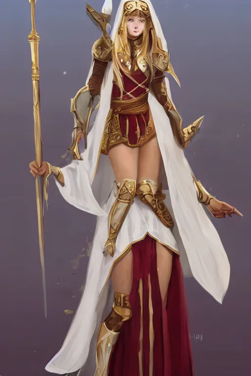 Prompt: Full-body picture of beautiful young priestess, White and gold robes, red waist-long hair, mace and shield, visible face, dungeon and dragons, high fantasy, alluring, artstationhd, artstationhq, trending in artstation, safebooru, ultra HD