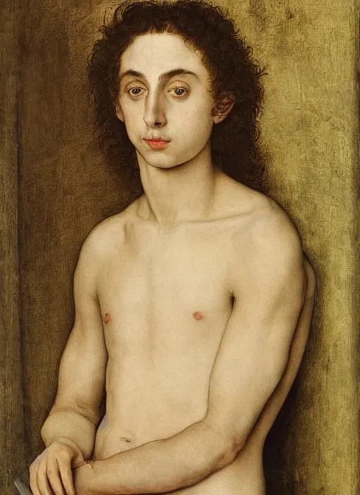 Image similar to (((( a painting of a Timothee Chalamet brushing his teeth, a character portrait by Dürer, behance, pre-raphaelitism, da vinci, pre-raphaelite, detailed painting“