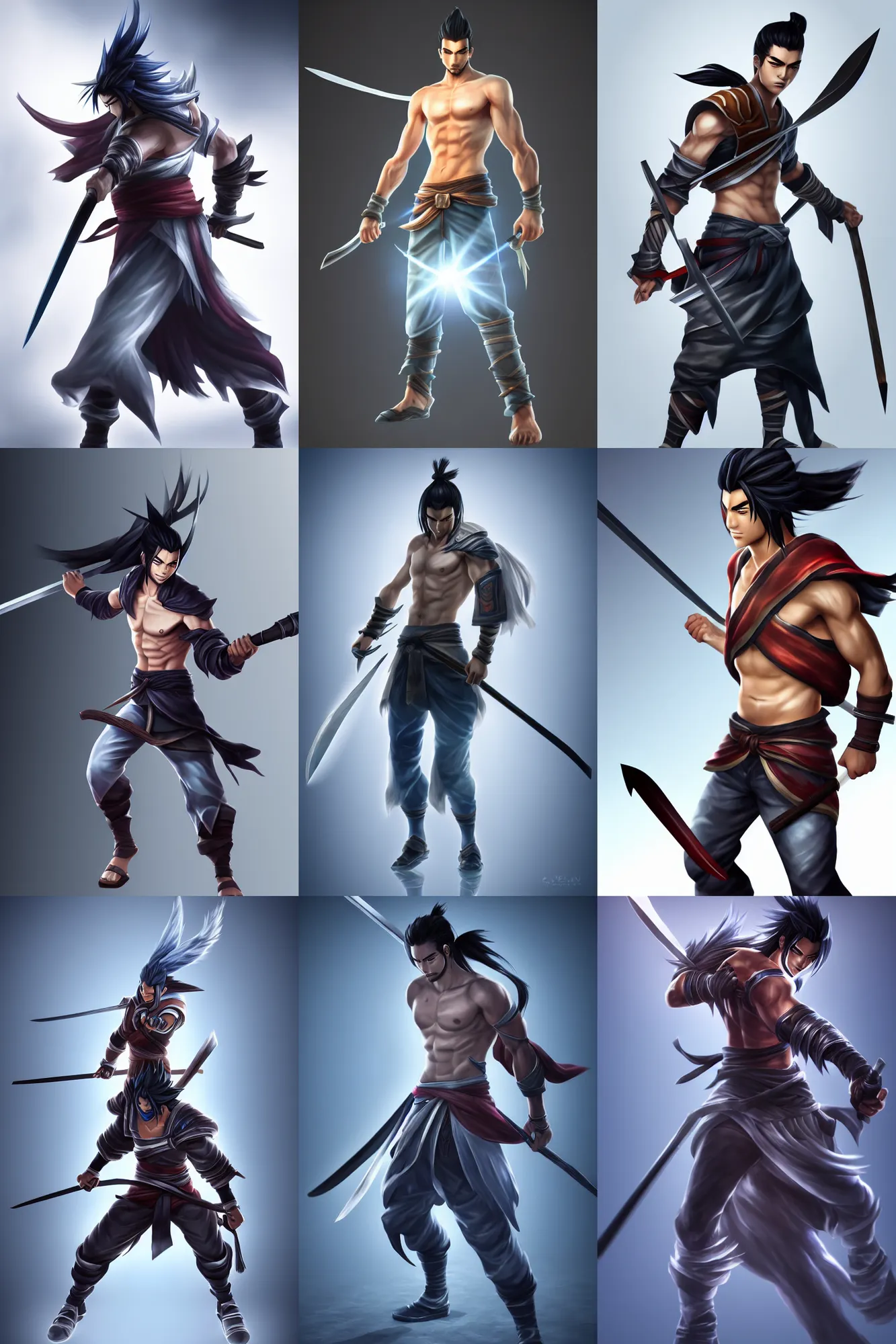 Prompt: Yasuo from League of Legends, photorealistic full body, studio lighting, white ambient background, highly detailed