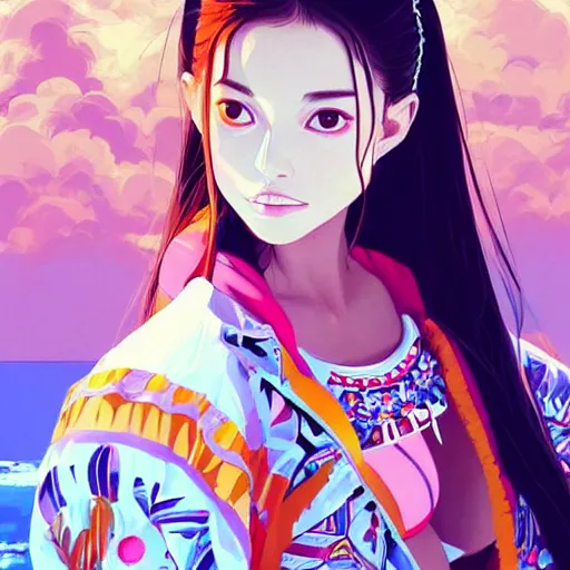 Image similar to a beautiful young japanese natalie portman alluring gravure model, stylized concept art, wearing elaborate oversized designer bomber jacket and one piece bikini, bulky bomber jacket with mesoamerican patterns, mesoamerican native street fashion, princess mononoke, painted by ilya kuvshinov aesthetic, gorgeous, stunning, alluring, attractive, artstation, pinterest, digital art