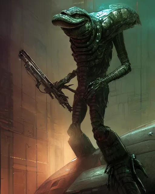 Image similar to Sci-Fi Crocodile alien, armored, big, art by Kashin, Wadim, Martinière, Stephan, Anton Fadeev, depth of field, holding rifle, sharp focus, pitch black cursed evil Spaceship hallway, dark light, soft purple glow, heroic pose, sci-fi artwork, octane render, dead space artwork, cyberpunk, vivid colors, occult, magical, volumetric lighting, 8k high definition, highly detailed, trending on art Station, centered, by Greg Rutkovski, sci-fi artwork, arnold render