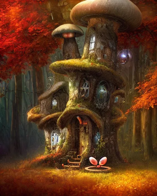 Prompt: a tall cute mushroom house in a magical forest in autumn, cinematic, stunning, adorable, artstation, smooth, hard focus, illustration, art by jessica rossier and and brian froud