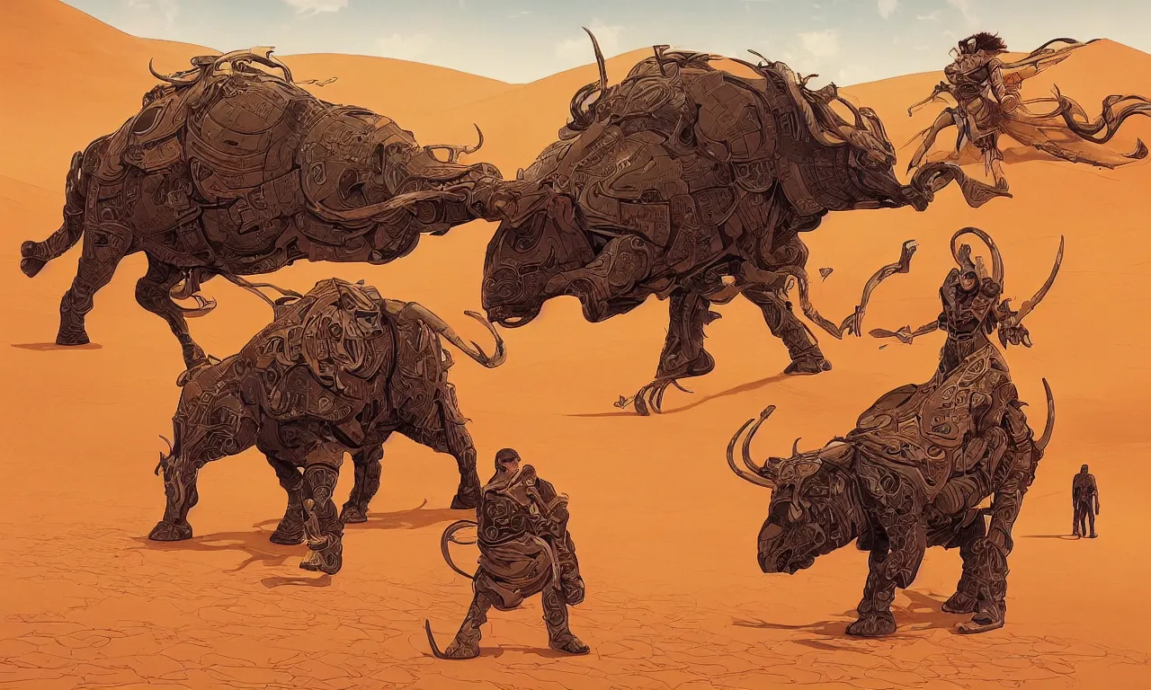 Image similar to detailed painting of dune movie, desert landscape, huge bull emerging from the sand, trending on artstation, by josan gonzalez, flat colors, defined lines