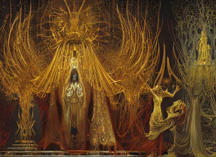 Image similar to worship of the pope, royal robe, gold trim, demons, mysticism, light effect, hyper detailed, intricate, atmospheric, elegant, photorealistic by zdzisław beksinski, iris van herpen, raymond swanland, craig mullins and alphonse mucha. hyper - real