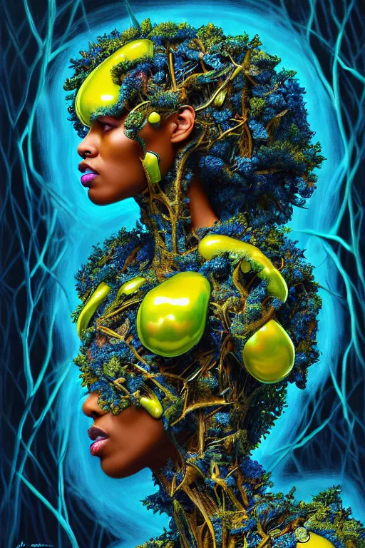 Image similar to hyperrealistic deconstructed super expressive! black woman with exoskeleton armor, merging with tree in a forest, highly detailed digital painting masterpiece smooth cam de leon hannah yata dramatic pearlescent blue yellow light ground angle hd 8k sharp focus