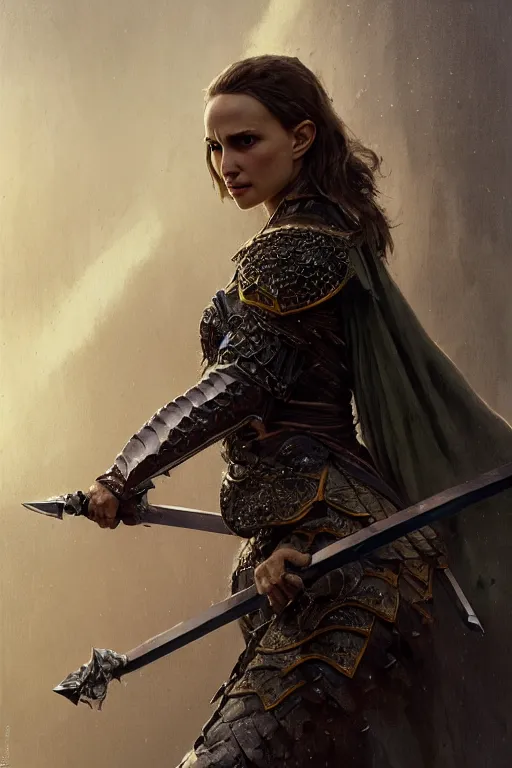 Image similar to natalie portman, legendary warrior, heroic, lord of the rings, tattoos, decorative ornaments, battle armor, by carl spitzweg, ismail inceoglu, vdragan bibin, hans thoma, greg rutkowski, alexandros pyromallis, perfect face, fine details, realistic shading photorealism