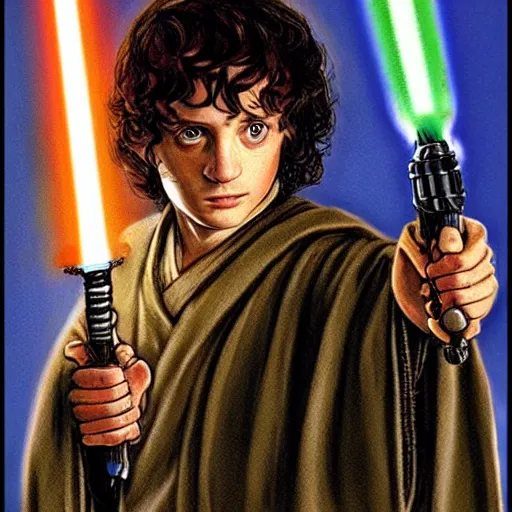 Prompt: frodo in star wars holding a light saber in tolkien style