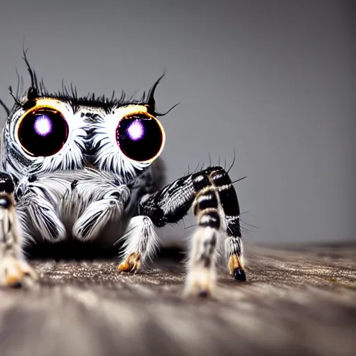 Prompt: jumping spider mixed with owl with 4 eyes and nightvision goggles, cute creature, hybrid, anamorphic lens, bokeh, kodak color film stock, macro shot