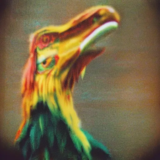 Image similar to blurry polaroid picture of a feathery dinosaur, 8K, HD, highly detailed, high quality