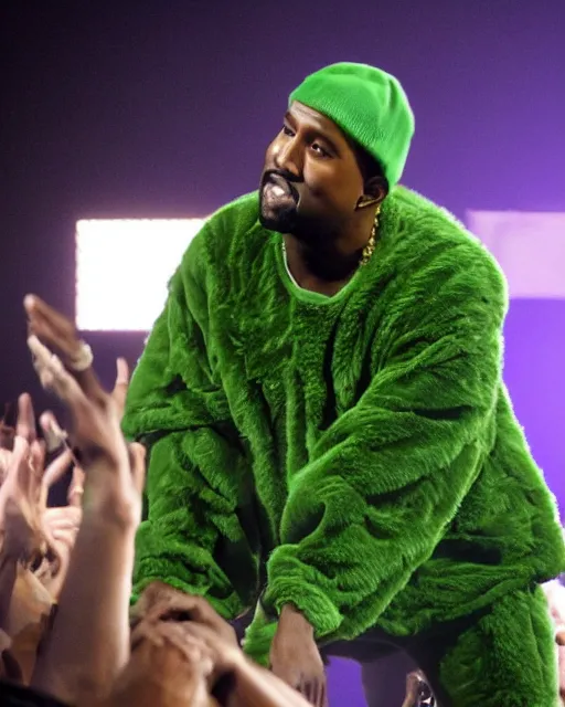 Prompt: kanye rapping on stage but he's covered in green slime