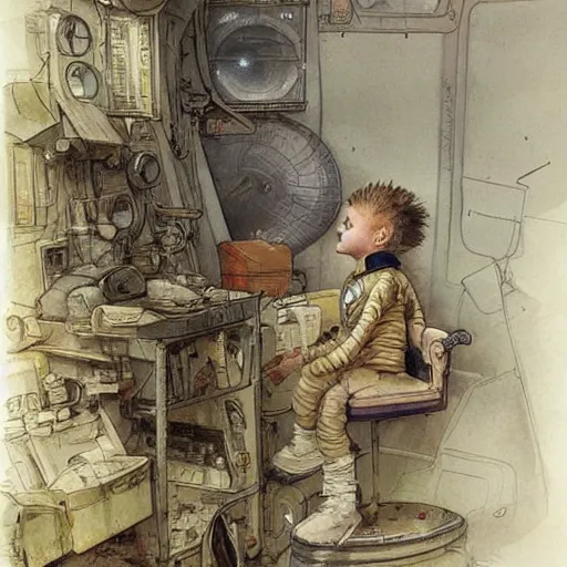 Prompt: ((boy in a retro space suit in a cluttered inventors shop . muted colors.)) by Jean-Baptiste Monge !!!!!!!!!!!!!!!!!!!!!!!!!!!