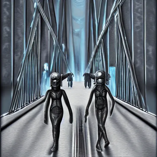 Image similar to a couple of humans walking across a metallic bridge, h. r. giger digital painting