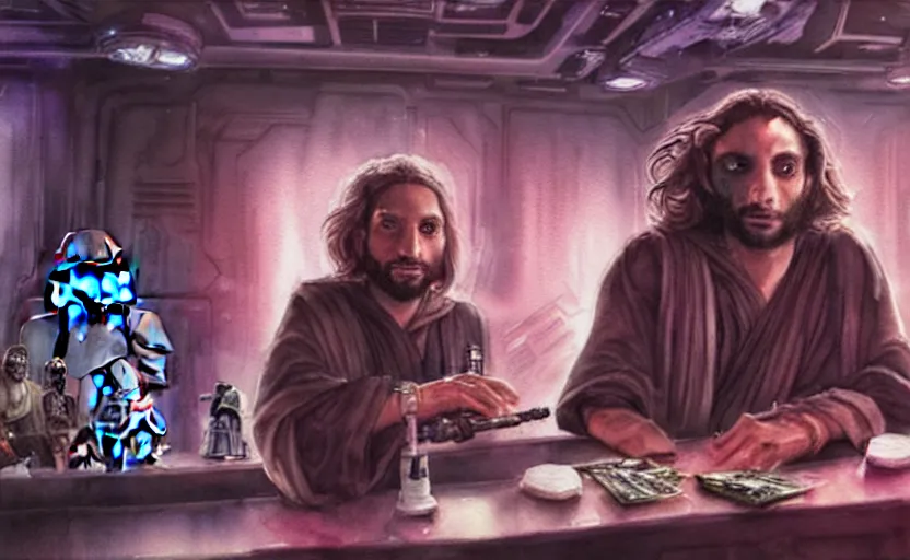 Prompt: an accurate realistic star wars watercolor fantasy concept art of a drug dealer that looks like chris d'elia looking crazy in a sleazy futuristic bar of coruscant, hq, 4 k