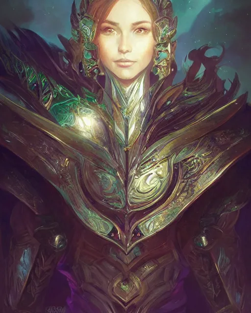 Image similar to Portrait of a Fantasy emerald knight, moonlit, HD, illustration, epic, D&D, fantasy, intricate, elegant, highly detailed, digital painting, artstation, concept art, smooth, sharp focus, illustration, art by artgerm and greg rutkowski and alphonse mucha, monster hunter illustrations art book