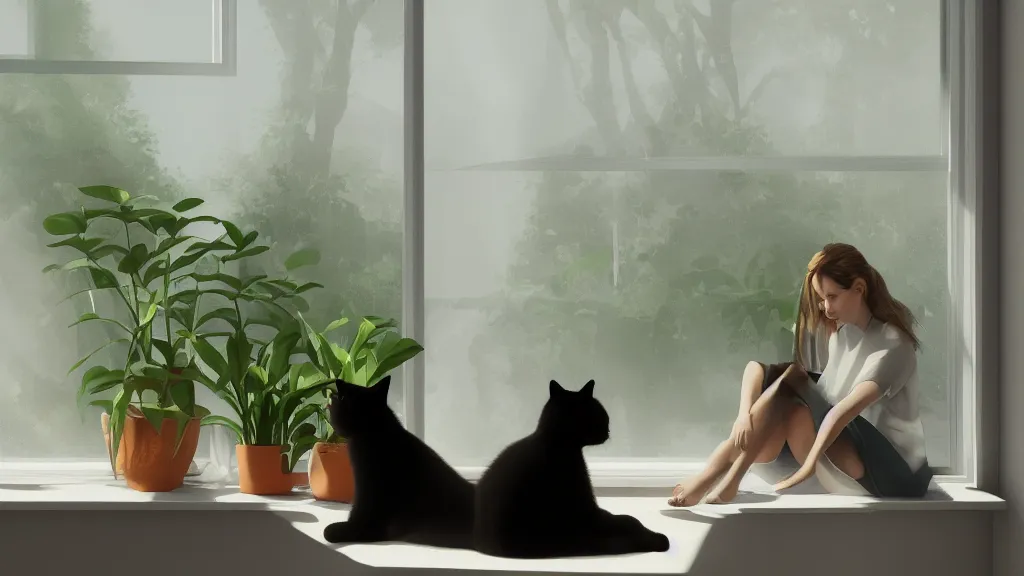 Image similar to peaceful dreamy painting of a beautiful young woman sitting with her black cat, sunshine coming through the window, small plants on the window sill, 8k, hyper realism, trending on artstation, octane render, dynamic lighting