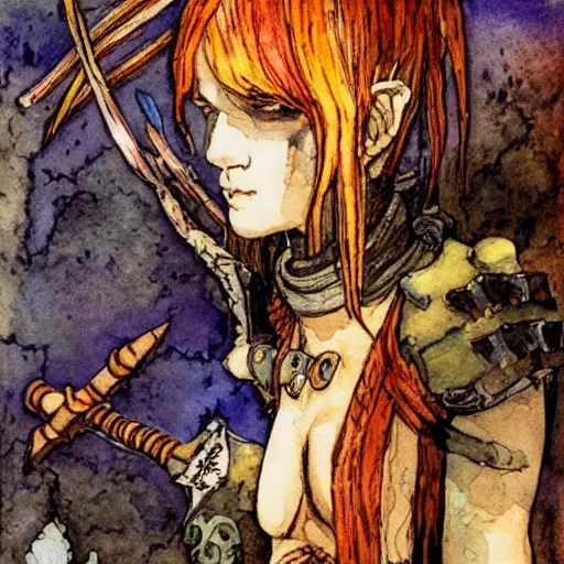 Prompt: watercolor, final fantasy tactics character, barbarian on mars, artwork by harry clarke, shrouded