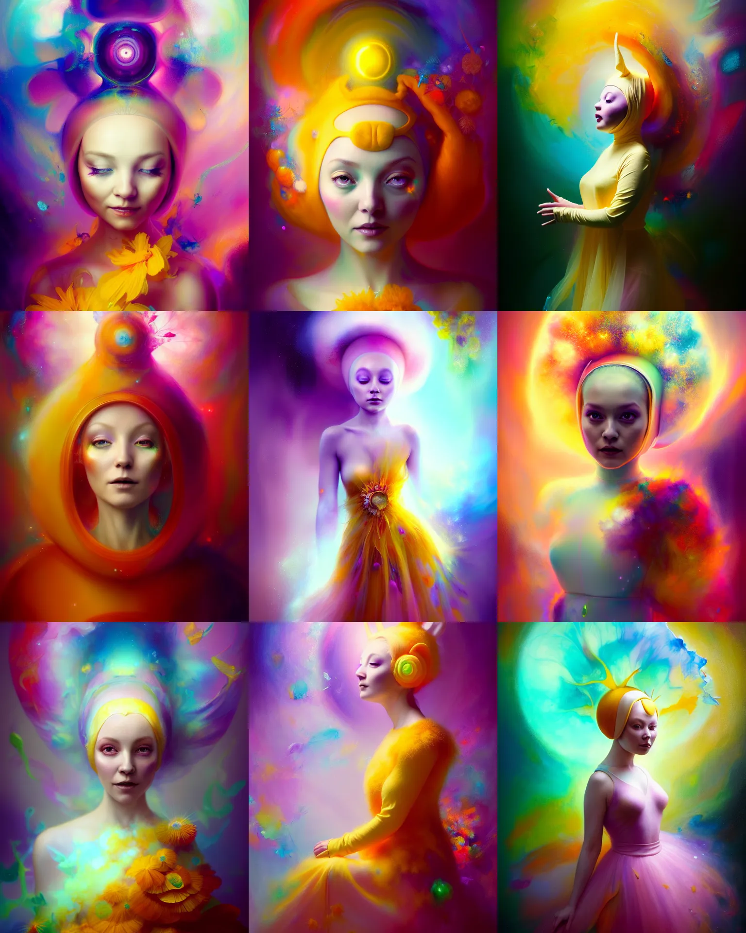 Prompt: Full View Portrait Mystical ethereal Teletubbie wearing beautiful dress, 4k digital masterpiece by Anna dittman and Ruan Jia and Alberto Seveso, fantasycore, Hyperdetailed, realistic oil on linen, soft lighting, marigold background, featured on Artstation