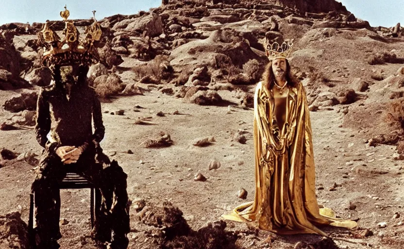 Image similar to portrait of salvador dali wearing a crown and golden dress with jewels in a dry rocky desert landscape, visible sky and sunny atmosphere, alien ruins by giger in the background, film still from the movie by alejandro jodorowsky with cinematogrophy of christopher doyle and art direction by hans giger, anamorphic lens, kodakchrome, very detailed photo, 8 k