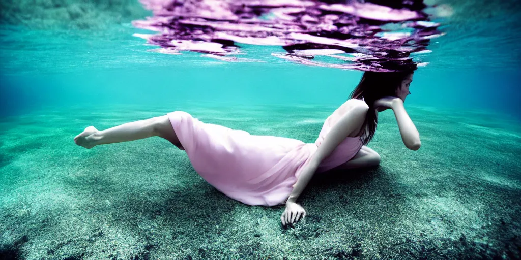 Image similar to underwater photography of beautiful model in flat dress by emmanuel lubezki