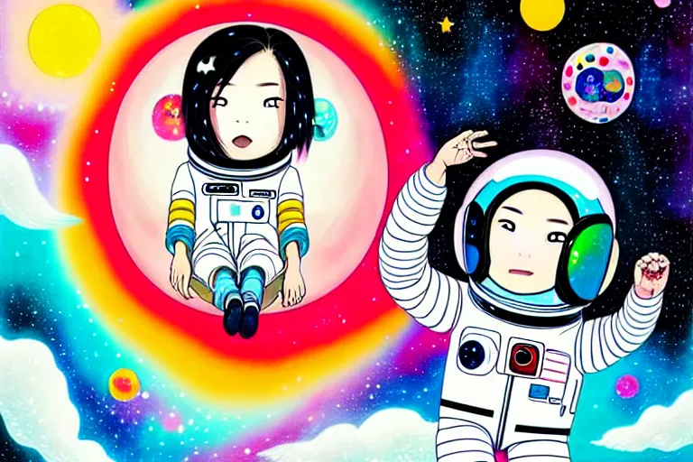 Prompt: hikari shimoda, portrait of a young female astronaut going insane floating in a nebula, no helmet, flowing hair, takashi murakami, lomography, colorful