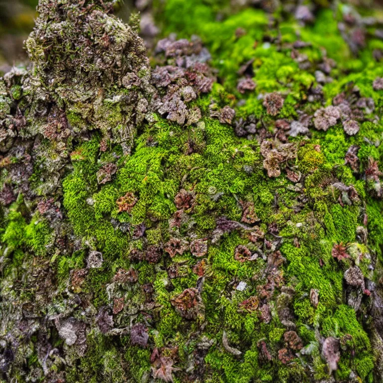 Image similar to a drawn picture lichens and moss close-up various fungus, mushrooms and plants, Atmospheric phenomenon, artistic photography, muted colors, conceptual, long exposure outside the city