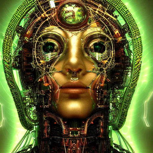 Image similar to blinded cybernetic deity dreaming itself into reality with its networked mind, lsd, circuitry, intricate detail, royo, whealan, giger, klimt, hd, octane render, unreal engine,