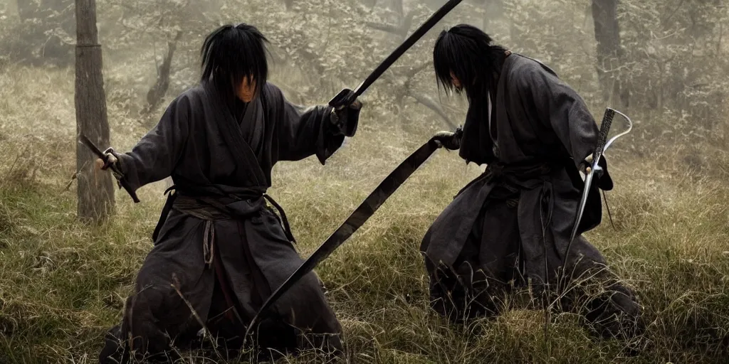 Prompt: scene from Rurouni Kenshin Origins, 2012, movie still, cinematic, anthropomorphic, half man half asian black bear, black bear samurai, Moon Bear Samurai, epic, samurai