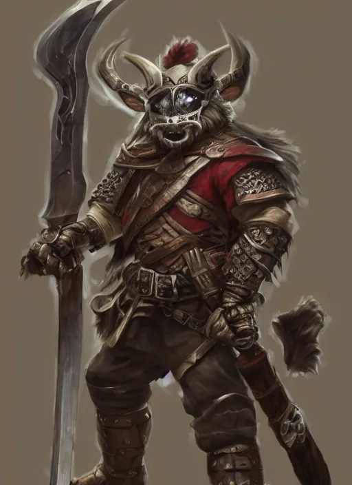 Image similar to strong young man, photorealistic bugbear ranger holding sword, fire magic, black beard, dungeons and dragons, pathfinder, roleplaying game art, hunters gear, jeweled ornate leather and steel armour, concept art, character design on white background, by sargent, norman rockwell, makoto shinkai, kim jung giu, artstation trending, poster art, colours red and green