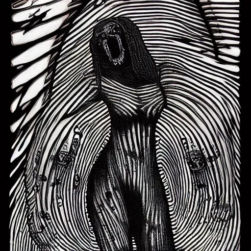 Image similar to eldritch woman abomination of unimaginable horror by h. r. giger and junji ito, speculative evolution, op art with big bold patterns