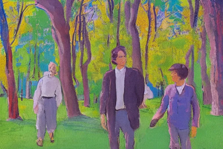 Image similar to a very tall man named John with dark hair holding the hands of a short young boy named Alex with dark hair as they walk in a park on a bright beautiful colorful day. part in the style of an edgar degas painting. part in the style of david hockney