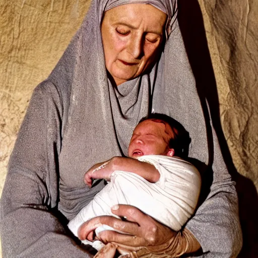 Image similar to dramatic film still of 80 year old sentimental Mediterranean skinned woman in ancient Canaanite clothing holding a newborn baby, crying, awe, love, ancient interior tent background, Biblical epic movie