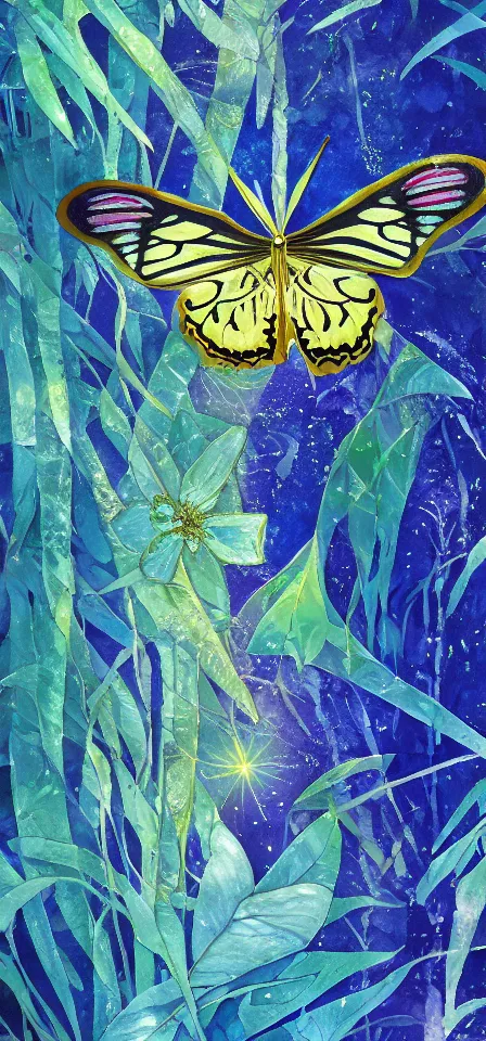 Prompt: butterfly in the ice rainforest. gouache and gold leaf work by the award - winning mangaka, bloom, chiaroscuro, backlighting, depth of field.