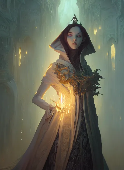 Image similar to Highly detailed portrait of Ainz Ooal Gown, Stephen Bliss, unreal engine, fantasy art by Greg Rutkowski, Loish, Rhads, ferdinand knab, Makoto Shinkai and Lois van baarle, ilya kuvshinov, rossdraws, Tom Bagshaw, alphonse mucha, global illumination, radiant light, detailed and intricate environment