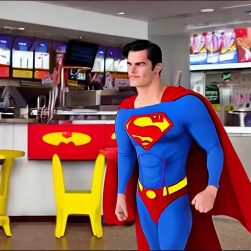 Prompt: superman working in mcdonald's, reality, realistic, detailed, 8 k, award winning, wide shot,