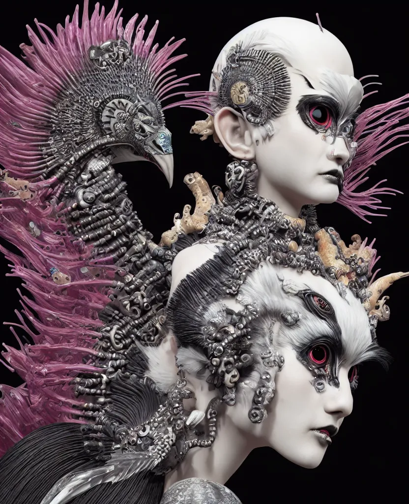 Image similar to 3 d goddess close - up profile portrait punk with mohawk with ram skull. beautiful intricately detailed japanese crow kitsune mask and clasical japanese kimono. betta fish, jellyfish phoenix, bio luminescent, plasma, ice, water, wind, creature, artwork by tooth wu and wlop and beeple and greg rutkowski