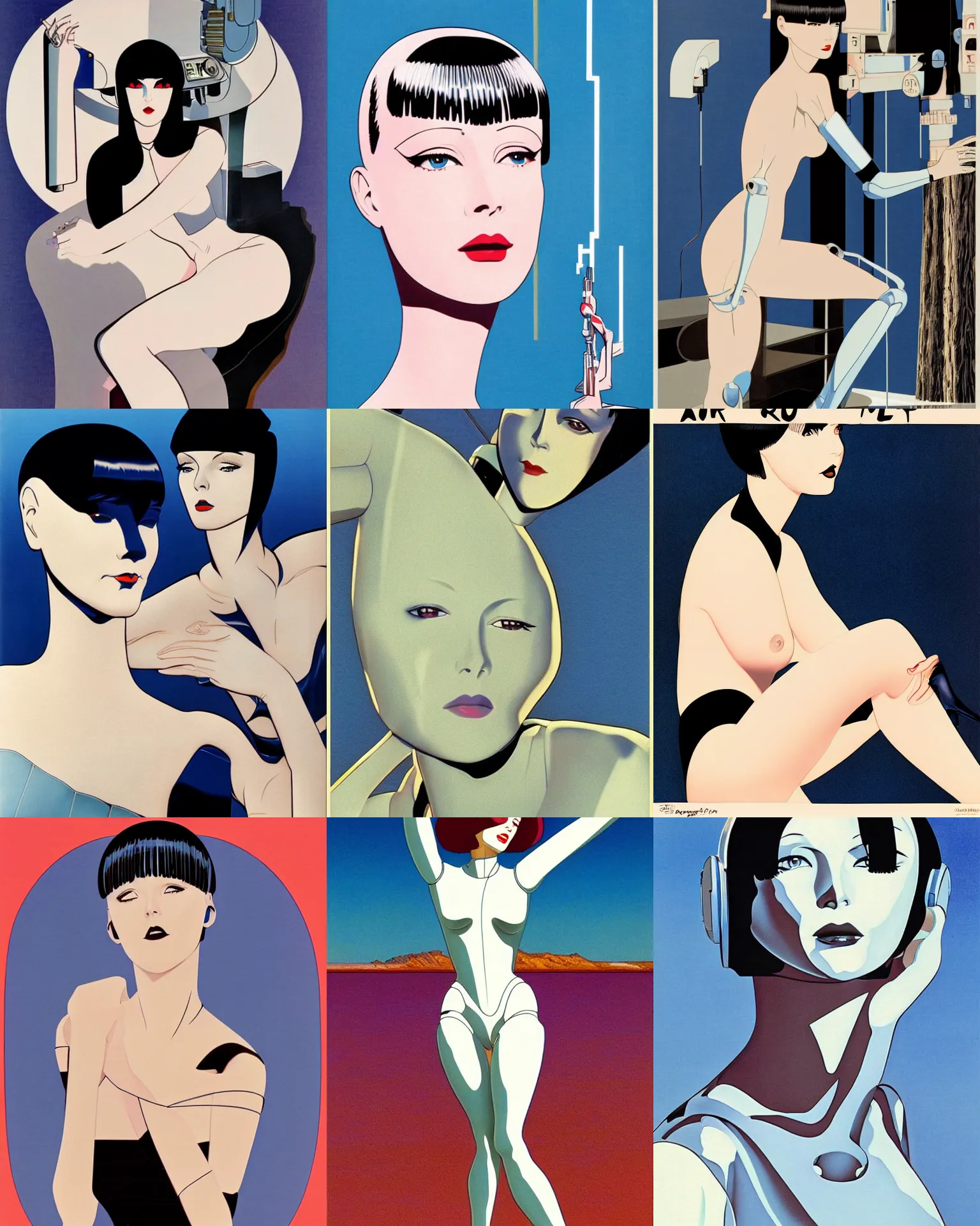 Prompt: mary louise brooks is turning into a chrome robot, desert and blue sky, airbrush art by hajime sorayama and patrick nagel, futuristic