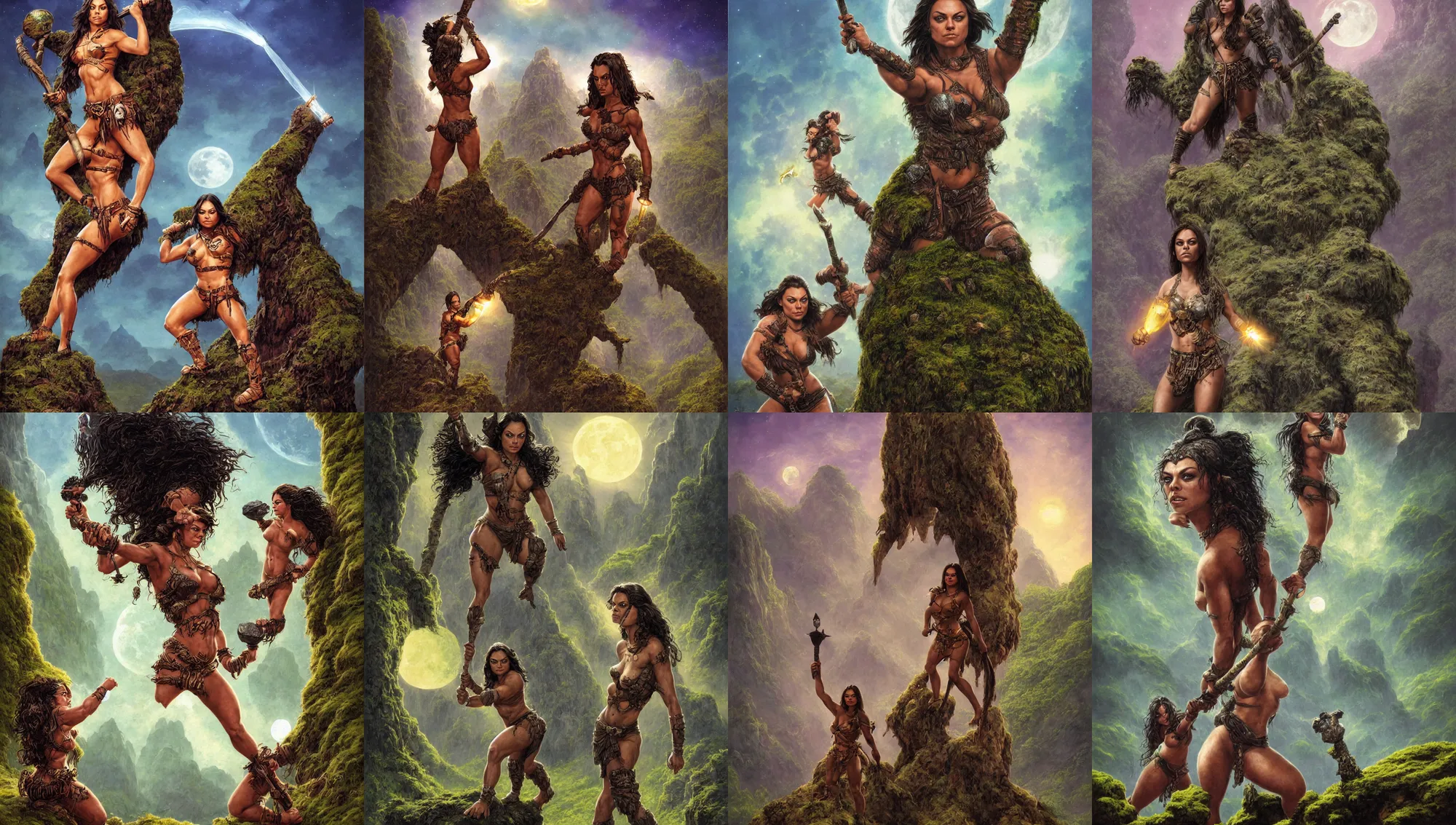 Image similar to face portrait of mila kunis as muscled amazon warrior posted on a large mossy rock holding a torch, full moon, moon rays, beautiful epic vista, flowing hills, far desert, fireflies, eerie sky, frank frazetta, alex horley, ralph horsley, michael whelan