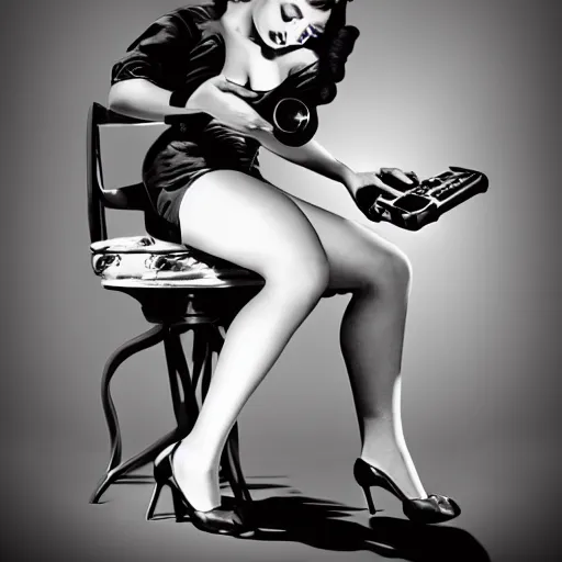 Prompt: a vintage fine art photo of a pin up girl playing with a PS4 controller, in the style of Alberto Vargas, highly detailed and intricate, cinematic lighting 4k
