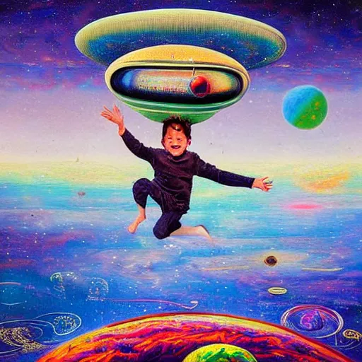 Image similar to a hyper detailed high painting with many complex textures of a boy playing and jumping, just being happy and free in the cosmos, cosmic surreal psychedelic magic realism spiritual ufo art, conceptual fine art