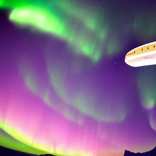 Image similar to fantasy airship flying through the aurora borealis