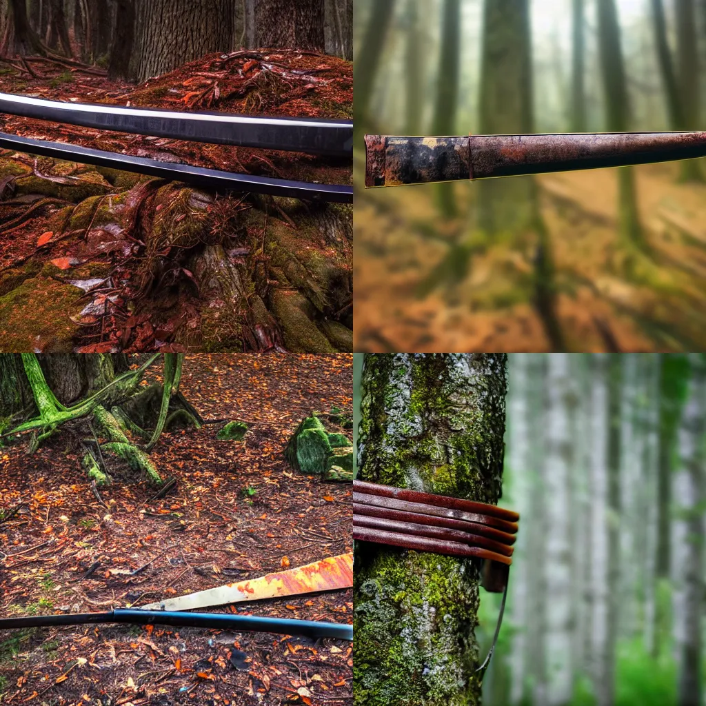 Prompt: Photo Of A Rusted Katana In A Forest, 4K, Photorealistic