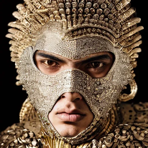 Prompt: a portrait of a beautiful young persian male wearing an alexander mcqueen armor made of quartz , photographed by andrew thomas huang, artistic