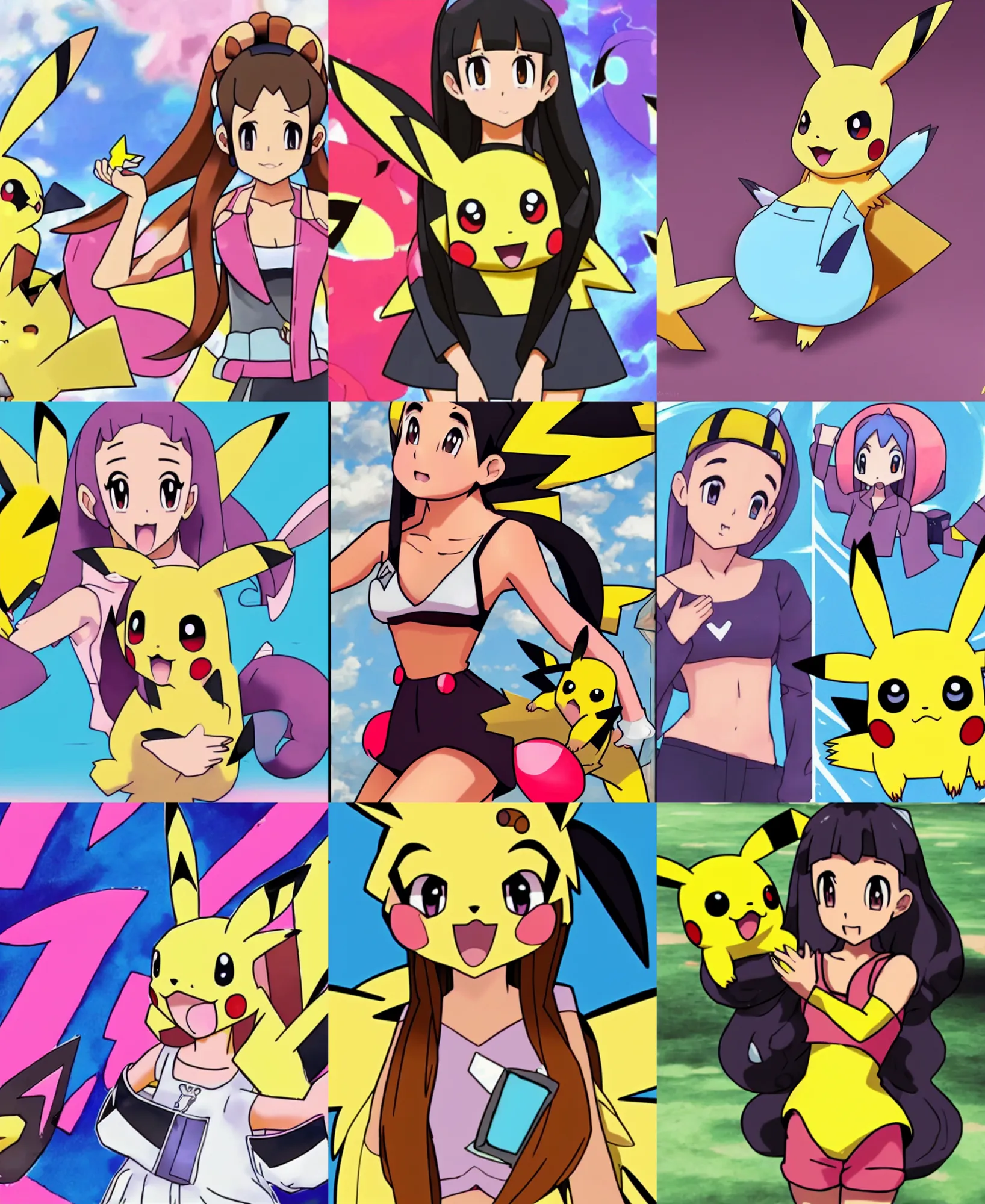 Prompt: Ariana Grande, Pokemon art style, catching a Pikachu