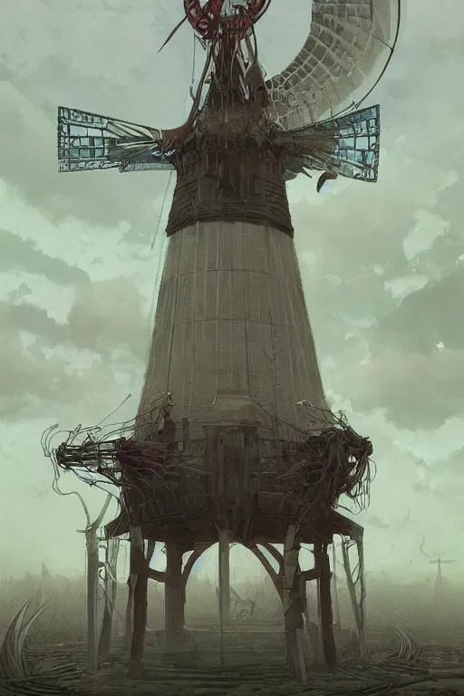 Prompt: temple of the giant windmill. Trending on Artstation highly detailed, digital painting, artstation, concept art, smooth, sharp focus, illustration, art by artgerm and greg rutkowski and alphonse mucha and Wayne Barlowe and Zdislav Beksinski and Francis Bacon