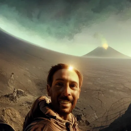 Image similar to the last selfie taken by an alien! in an apocalypse volcano in the background hd cinematic epic 8 k concept art by greg rutkowski