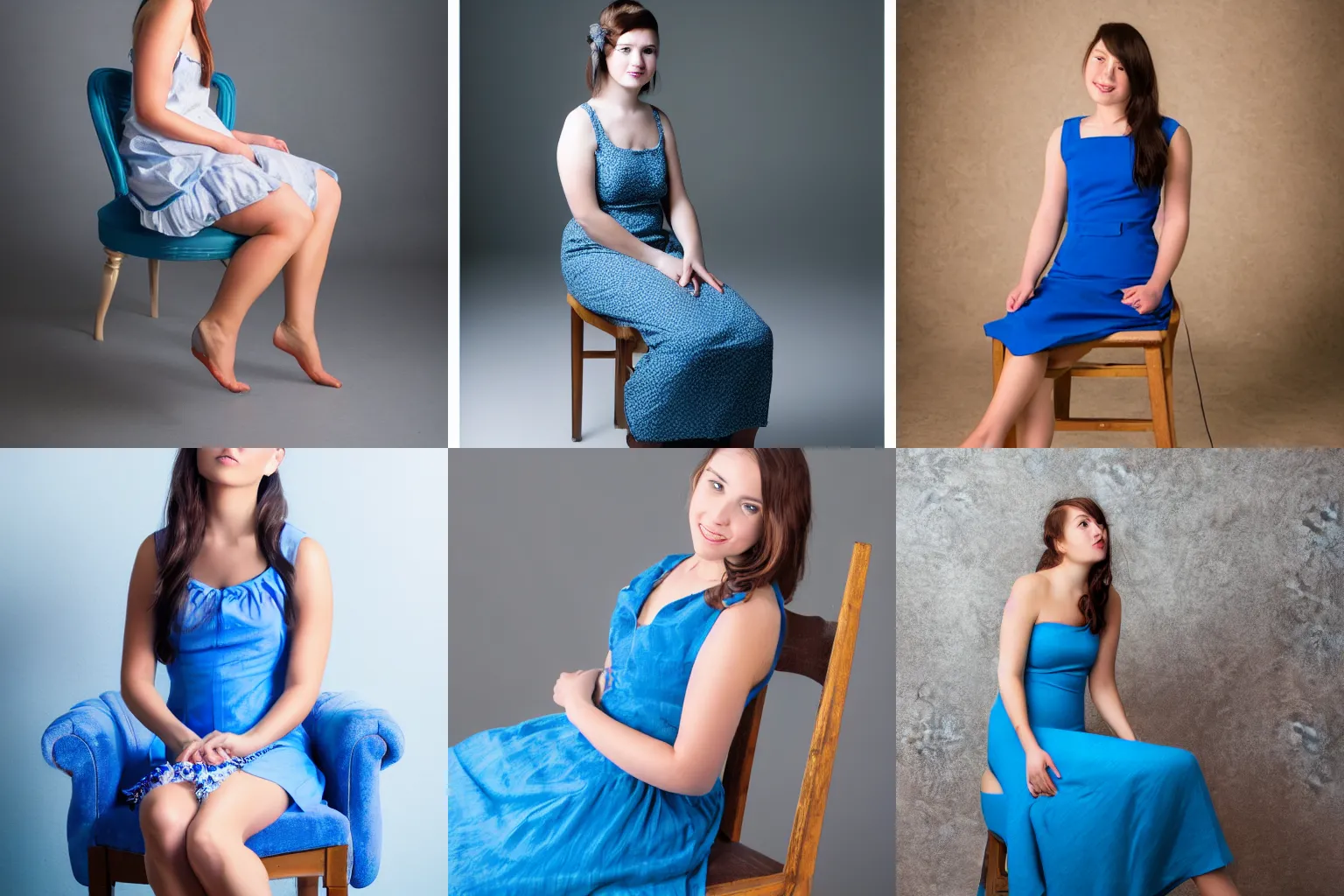 Prompt: girl 24yo blue dress sitting on a chair studio lighting