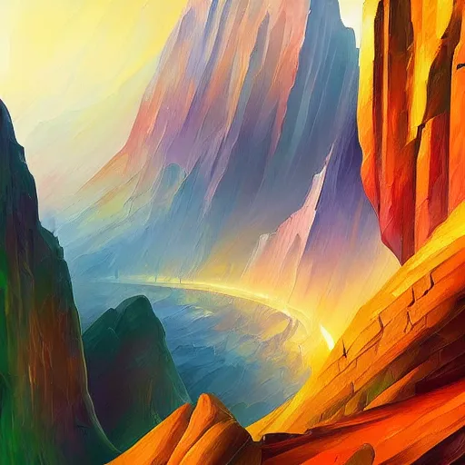 Image similar to palace valley cliff sharp focus weird geometric cinematic detailed by leonid afremov, artgerm, tim white, evgeny lushpin, android jones