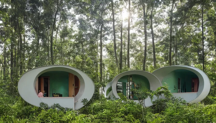 Prompt: A wide image of an eco-community of innovative contemporary 3D printed prefab sea ranch style cabins with rounded corners and angles, beveled edges, made of cement and concrete, organic architecture, in a lush green forest Designed by Gucci and Wes Anderson, golden hour