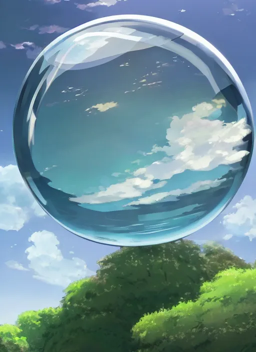 Image similar to an asymmetrical cell - shaded studio ghibli concept art study of a metal cube inside a transparent bubble in the sky. wide shot, very dull colors, hd, 4 k, hq