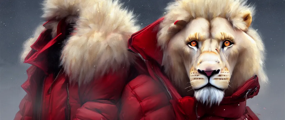 Image similar to commission portrait of a male anthro albino lion wearing a red-black puffer jacket.dramatic,character design by charles bowater,greg rutkowski,ross tran,hyperdetailed,hyperrealistic,4k,deviantart,artstation,professional photography,concept art